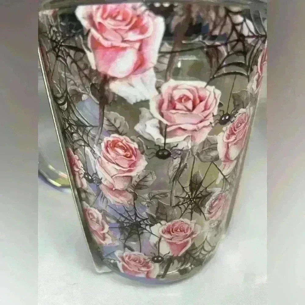 Glass Halloween travel sipper lid mug with pink roses cob webs little spiders - Picture 3 of 6